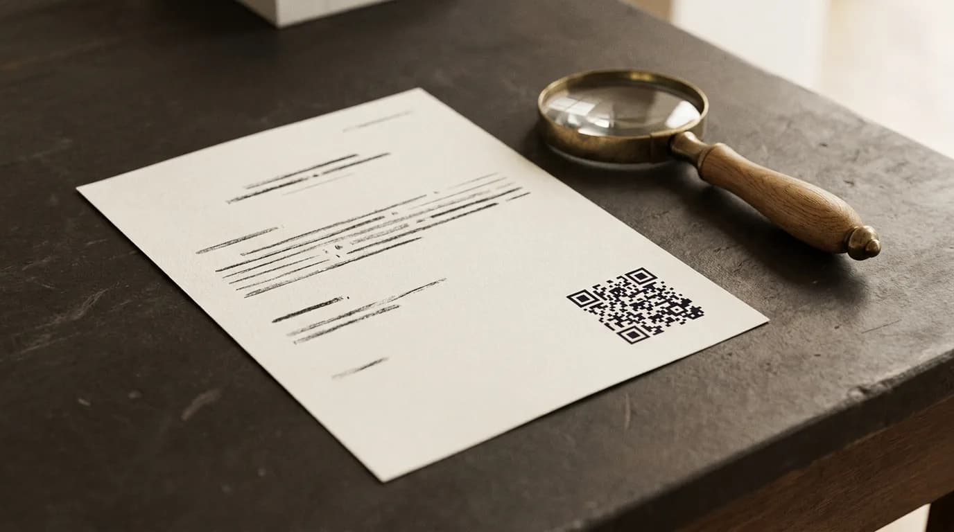 Certificat officiel portant un QR code de vérification, loupe de laiton posée à côté